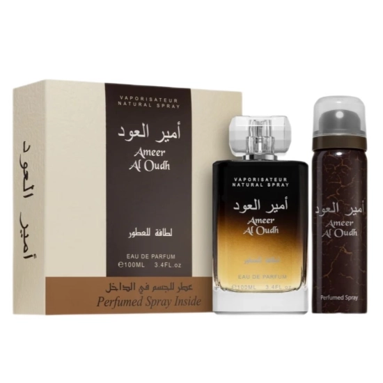 Lattafa Ameer Al Oudh – zestaw: woda perfumowana EDP 100 ml + dezodorant w sprayu 50 ml unisex