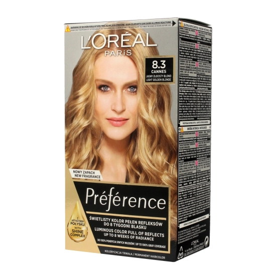 L’Oréal Paris Preference Farba do włosów nr 8.3 Cannes – jasny złocisty blond 1 op..