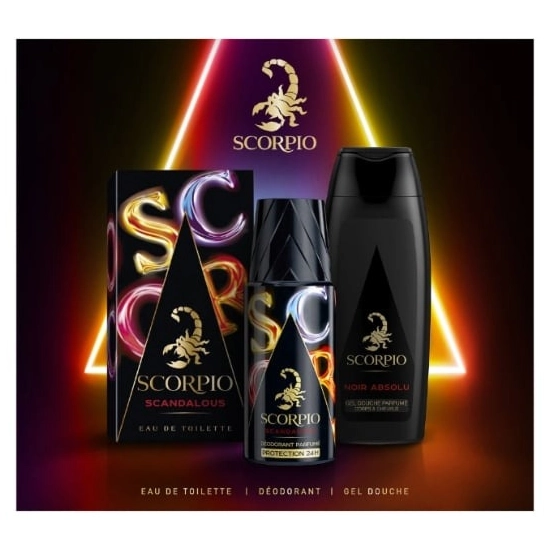 Scorpio Scandalous – zestaw dla mężczyzn: woda toaletowa EDT 75 ml + dezodorant w sprayu 150 ml + żel pod prysznic 250 ml