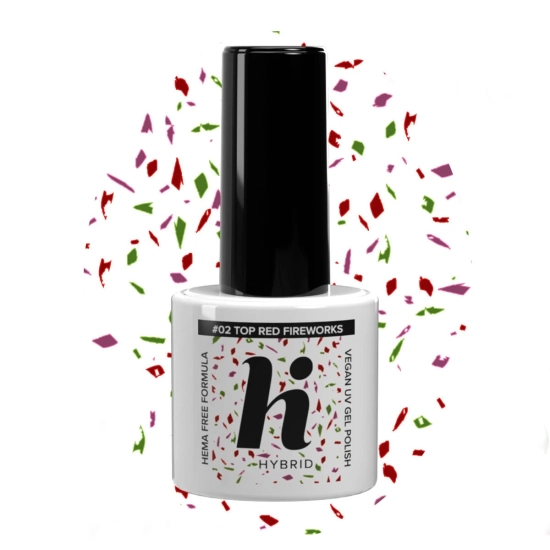 Hi Hybrid HEMA Free Top na lakier hybrydowy No Wipe #02 Red Fireworks 5ml