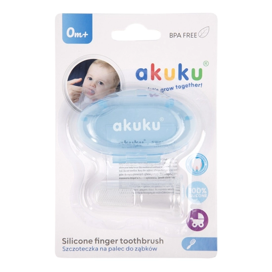 AKUKU Szczoteczka silikonowa do mycia zębów na palec dla niemowląt - w etui niebieskim (a0263)