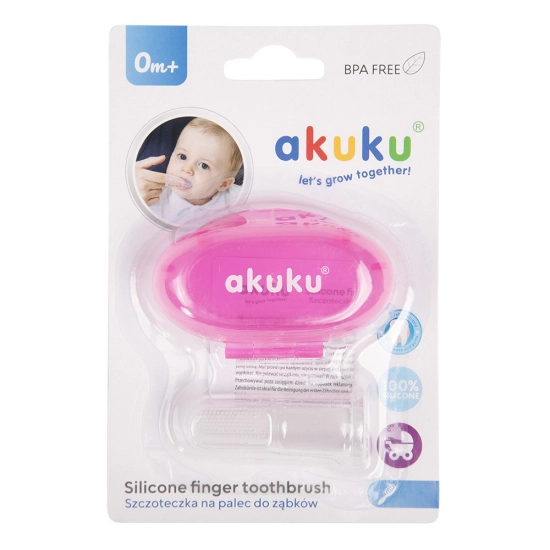 AKUKU Szczoteczka silikonowa do mycia zębów na palec dla niemowląt - w etui różowym (a0265)