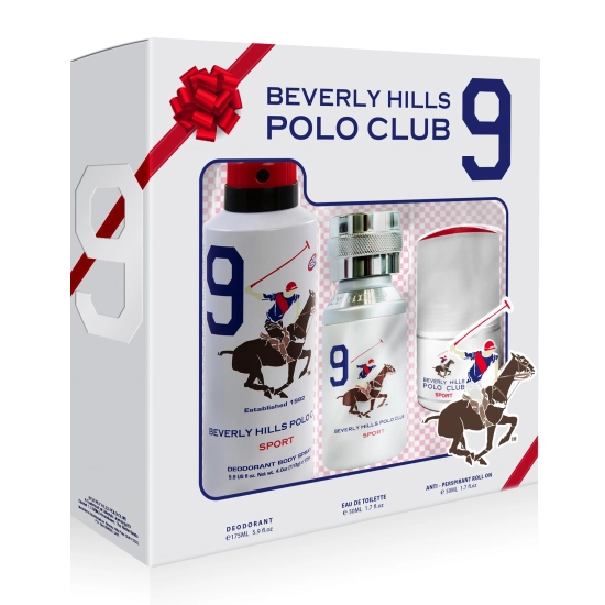 BEVERLY HILLS Polo Club Sport No.9 Gift Set Zestaw upominkowy Woda toaletowa 50 ml + Deodorant 175ml + Antyperspirant w kulce 50 ml