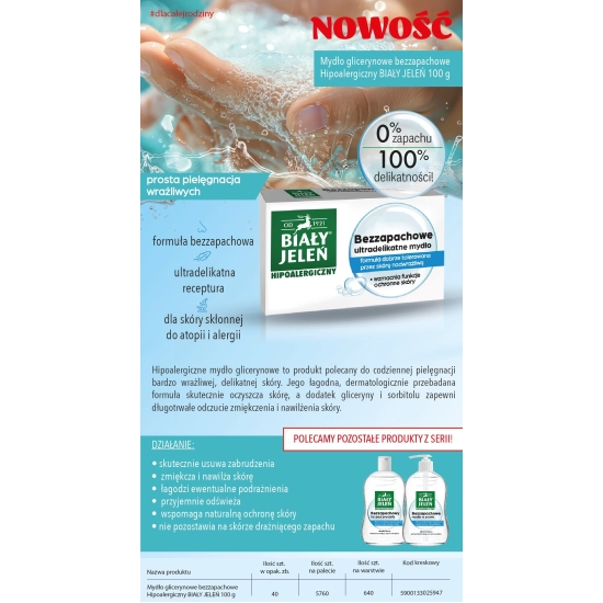 BIAŁY JELEŃ Mydło glicerynowe bezzapachowe hipoalergiczne - kostka 100 g