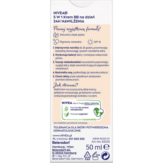 NIVEA 24H Nawilżenia Krem BB 5w1 na dzień - odcień jasny 50 ml