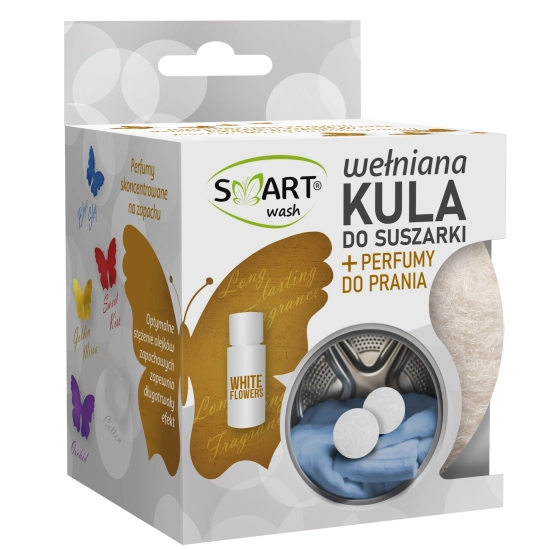 SMART Wash wełniana kula do suszarki + Perfumy do prania White Flowers 20 ml
