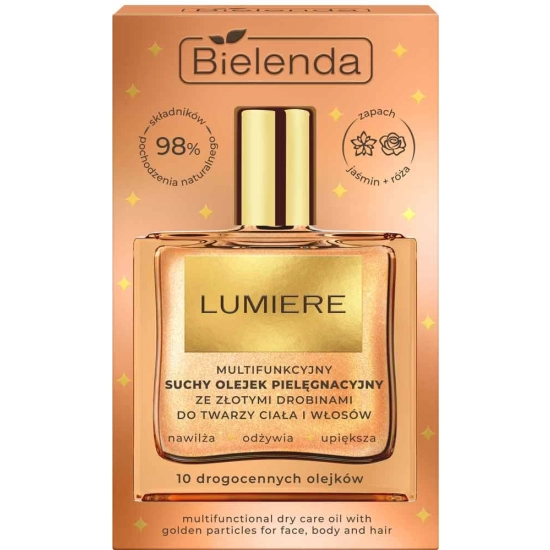 BIELENDA Lumiere Multifunkcyjny suchy olejek pielęgnacyjny ze złotymi drobinami do twarzy, ciała i włosów 50 ml